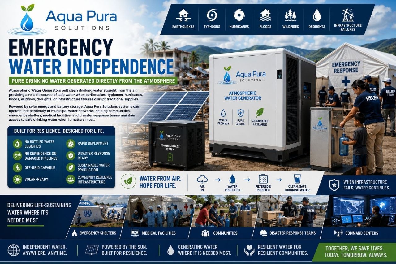 Emergency Water Independence — Aqua Pura Solutions atmospheric water generators provide pure drinking water directly from the atmosphere for disaster response, emergency shelters, medical facilities and off-grid communities.